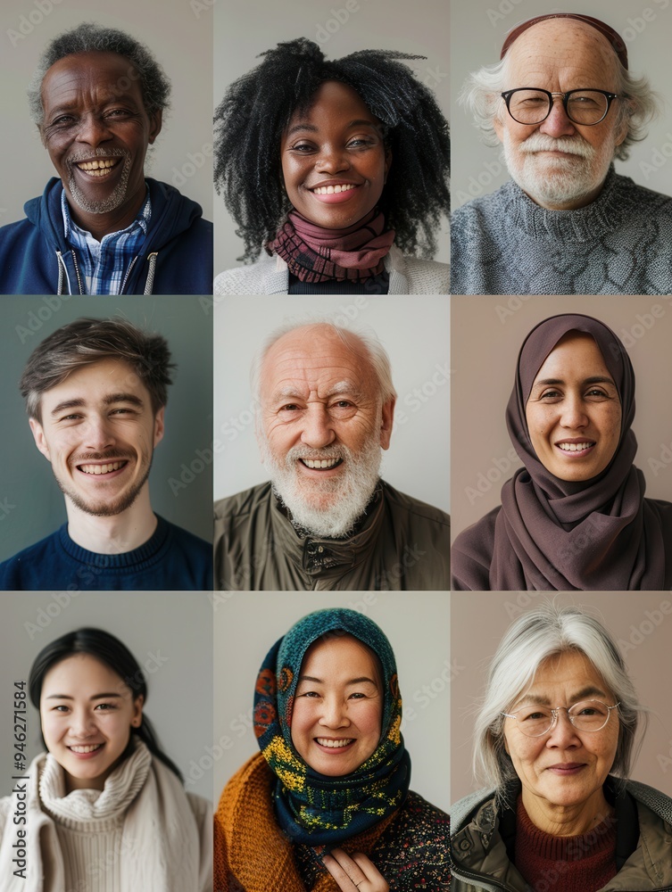 Poster a collection of nine smiling faces representing different ages and cultures, all radiating joy in a 