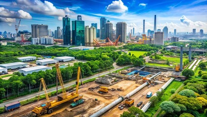 Obraz premium Aerial view of a busy industrial site with excavators, cranes, and pipes, surrounded by lush greenery, amidst a sprawling metropolis with skyscrapers in the background.