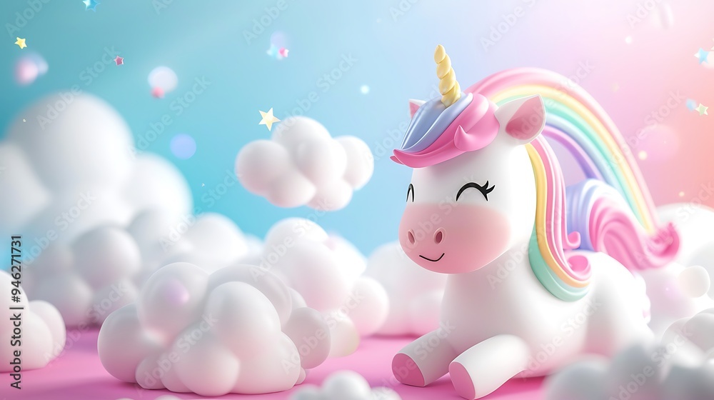 Wall mural a cheerful unicorn sits among fluffy clouds, radiating joy in a colorful, whimsical setting.