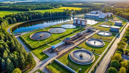 Aerial view of a modern water treatment plant with large storage tanks, pipes, and machinery surrounded by lush greenery and a serene lake in the background.