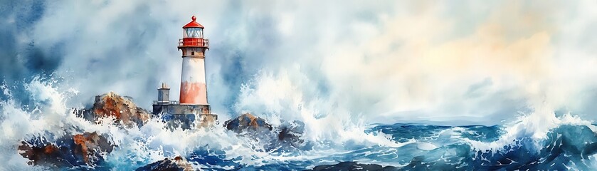 Bright Watercolor Scene of a Seaside Lighthouse Amidst Waves