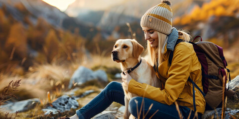 A young woman enjoys the outdoors with her dog during a sunny autumn afternoon in the mountains...