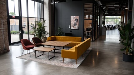 Modern office lounge with stylish seating and a welcoming atmosphere.