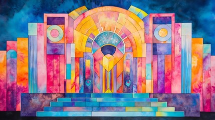 Vibrant Watercolor Art Deco Theater with Bold Geometric Patterns