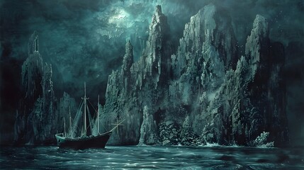 Ship Sailing into a Mysterious Foggy Inlet.