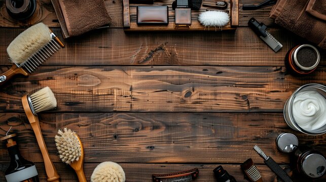 Classic barber shop tools displayed on a rustic wooden surface for a timeless appeal