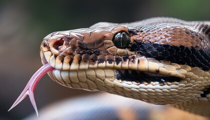Obraz premium A close-up of a python's head with its tongue flicking.