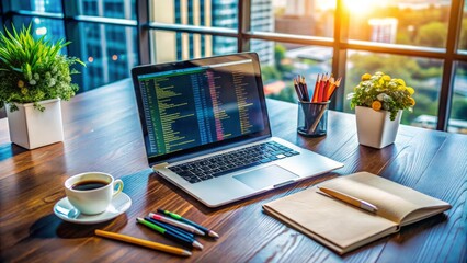 Fototapeta premium A futuristic desk with a laptop and coding papers surrounded by inspirational notes, coffee cups, and colorful pens, capturing the essence of building a new website.