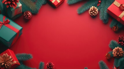 A red background with stylized pine trees and wrapped gifts, creating a festive atmosphere.