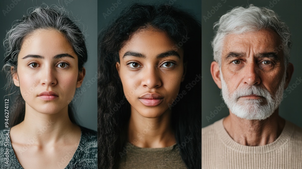 Aufkleber Three individuals with varied backgrounds and ages stand side by side, each displaying unique features and expressions, creating a compelling visual contrast. Generative AI