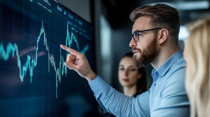 Financial Analysts Collaborate on Market Trends, Planning Trades from Detailed Wall Screen Data