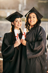 Portrait, women or happy friends with certificate for graduation, success or education milestone....
