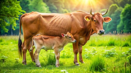 A gentle brown cow nurtures her playful calf, offering fresh milk and tender nuzzles in a serene, sun-kissed pasture surrounded by lush greenery.