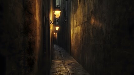 16. A chilling, narrow alley with flickering street lamps and a mysterious shadow