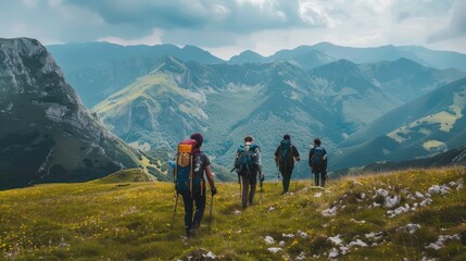 Obraz premium A group of friends hiking together in the mountains. 