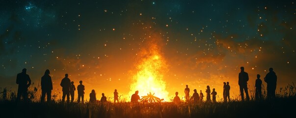 A vibrant campfire scene at dusk, people gather around the flames, creating a warm, inviting atmosphere against a starlit sky.