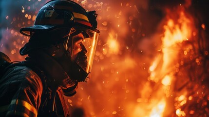 Firefighter in full gear battles a blazing fire at night, bravery and dedication. Intense flames and smoke fill the background. 