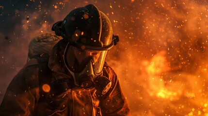 Firefighter in full gear battles a blazing fire at night, bravery and dedication. Intense flames...