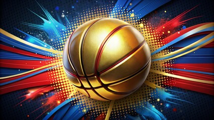 A golden basketball with bold, red, and blue stripes serves as the centerpiece for a stylized team logo, featuring abstract shapes and dynamic typography.