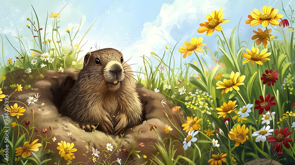 Sticker A cheerful groundhog peeks out of its burrow amidst a vibrant field of flowers and lush greenery.