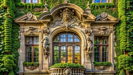 Fototapeta premium A grand, ornate window with intricately carved stonework and lush greenery adorns the facade of a luxurious, centuries-old European-style mansion with a majestic atmosphere.