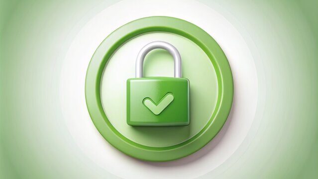 A green padlock with a checkmark symbol inside a circle, indicating a secure online connection and trust, on a white background with subtle gradient effect.