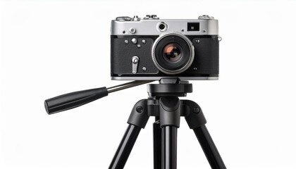 Camera on tripod isolated on a white background.
