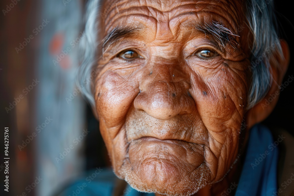 Poster an elderly man reflects a deep sense of wisdom and calmness, revealing rich life experiences through