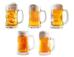 Mugs filled with foamy draft beer isolated on white background showing various unique shapes and golden colors.