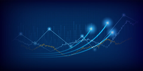 Abstract financial graph with uptrend line arrow and bar chart of stock market on blue color background