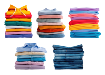 Neatly folded, washed and ironed colorful clothes isolated on white background showing different types and colors.