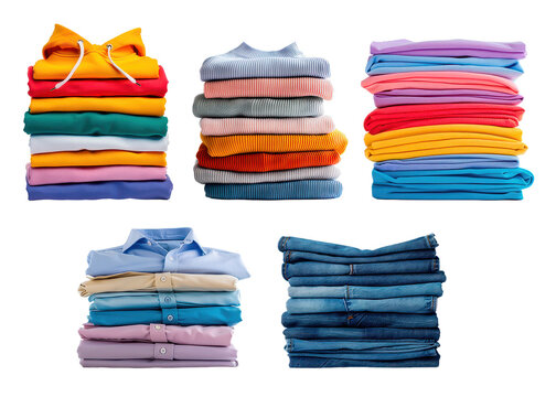 Neatly folded, washed and ironed colorful clothes isolated on white background showing different types and colors.