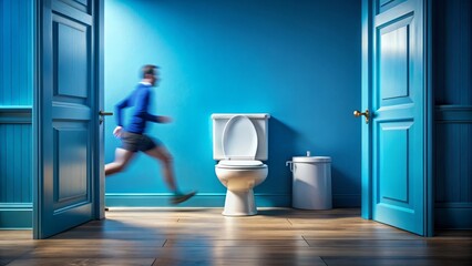 A humorous, relatable scene depicting a desperate toilet dash, with a bright blue door in the background and a blurred, hurried motion in the foreground.