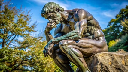 Fototapeta premium A iconic bronze statue of a pensive male figure sitting on a rock with his chin resting on his hand, lost in deep contemplation and thought.