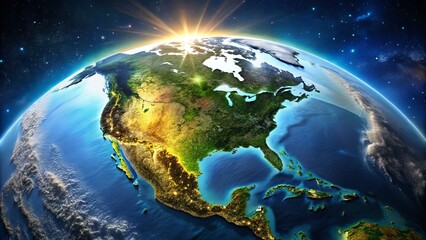 A illuminated globe highlights North America, showcasing its varied terrain, majestic mountain ranges, and vast coastlines, set against a deep blue oceanic background.