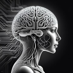 Obraz premium Digital illustration of human brain with neural pathways as circuits.
