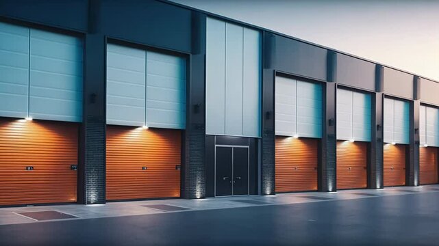 Mini colorful metal self storage facilities rental units, warehouse exterior, industry garage building.	
