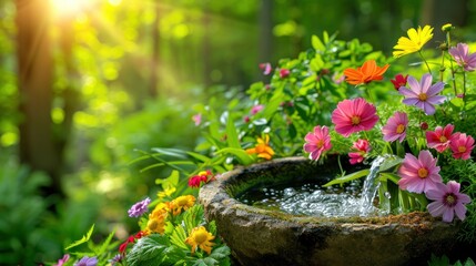 Tranquil Garden with Stone Fountain and Blooming Flowers