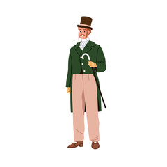 Victorian style gentleman, 19th century vintage fashion. Elegant aristocrat in suit with top hat, cane, monocle. Historical clothing, outfit. Flat vector illustration isolated on white background