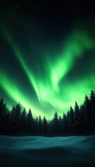 Fototapeta premium Spectacular view of the Northern Lights over a serene forest landscape on a winter night, with vibrant green auroras illuminating the sky.