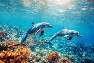 Naklejka premium The wild dolphin pair frolicking in the blue sea. Natural aquatic marine life.