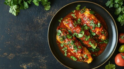Overhead shot of a plate of chile rellenos, smothered in sauce, ample space for text
