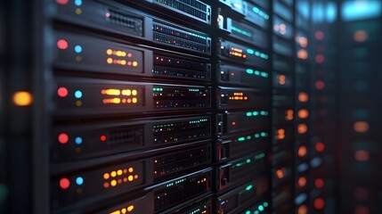 A close-up of a server stack with AI and blockchain data processing lights