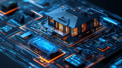 A holographic interface showcases a smart home system featuring an intricate house model amidst glowing circuit patterns, emphasizing connectivity and technology.