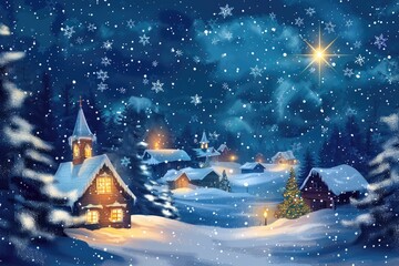 Fototapeta premium Christmas background with a snowy village scene and twinkling stars in the sky