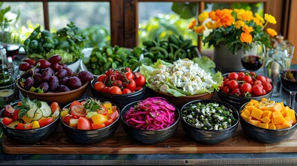 Abundant Organic Harvest: Fresh Vegetables and Fruits Display on Wooden Table