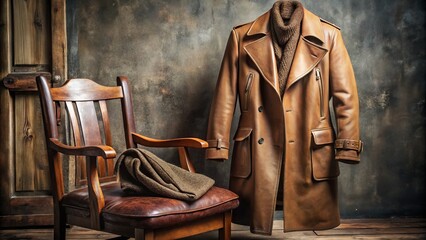 A luxurious, camel-colored overcoat lies draped over a rustic wooden chair, paired with a worn, brown leather jacket, evoking a sense of rugged sophistication.