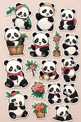 Obraz premium Adorable Panda Stickers Collection Cute Expressions and Poses