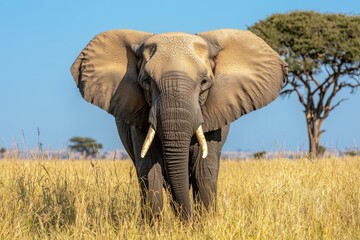 Fototapeta premium During the Tarangire National Park's dry season, elephants eat in the tall grasses