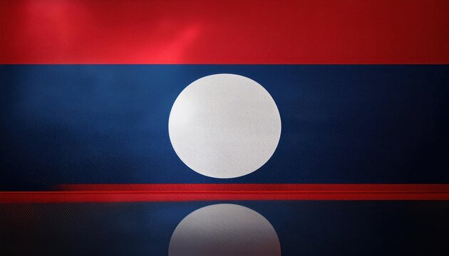 The national flag of Laos with red, blue, and white stripes and a white circle in the center. The flag is illuminated from above, creating a dramatic effect.